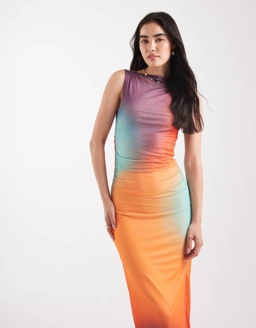 JJXX mesh long slit dress in orange blue sunset print, 4 of 4