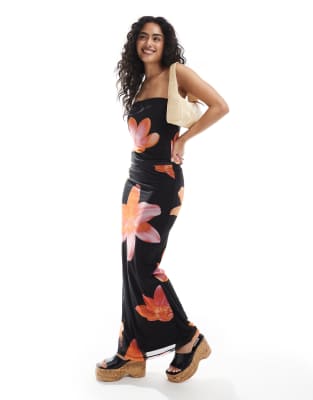 JJXX JJXX mesh maxi skirt co cord with flower print-Black