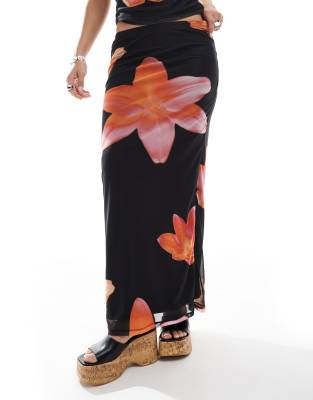 Jjxx Mesh Maxi Skirt With Flower Print - Part Of A Set-black