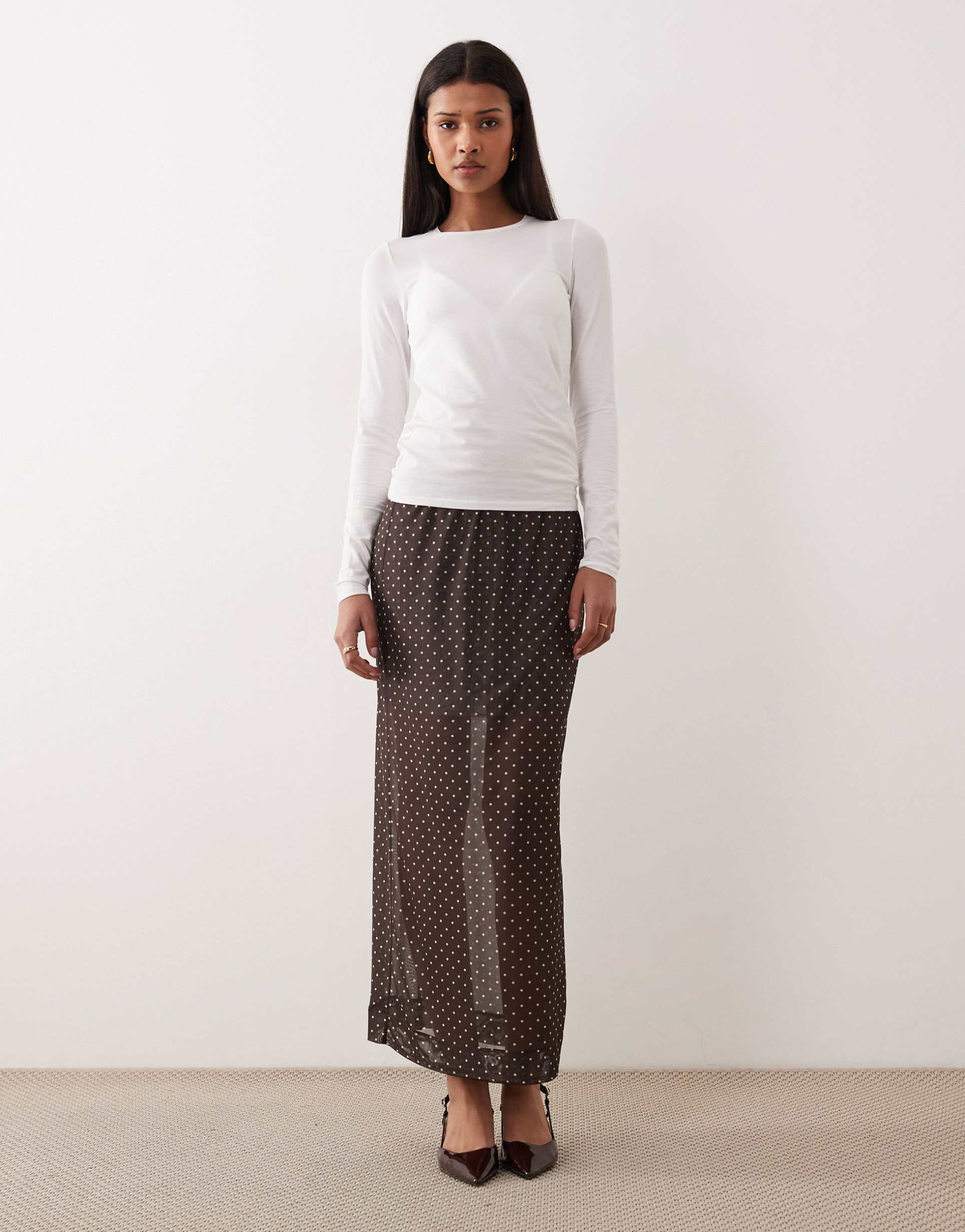 jjxx mesh midi skirt in brown polka dot