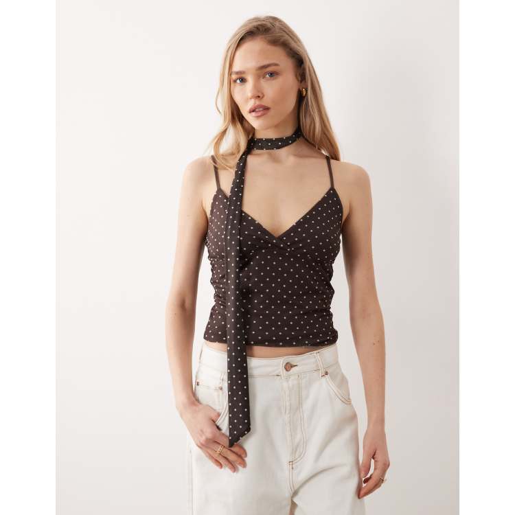 JJXX mesh polka dot cami top with scarf in brown | ASOS
