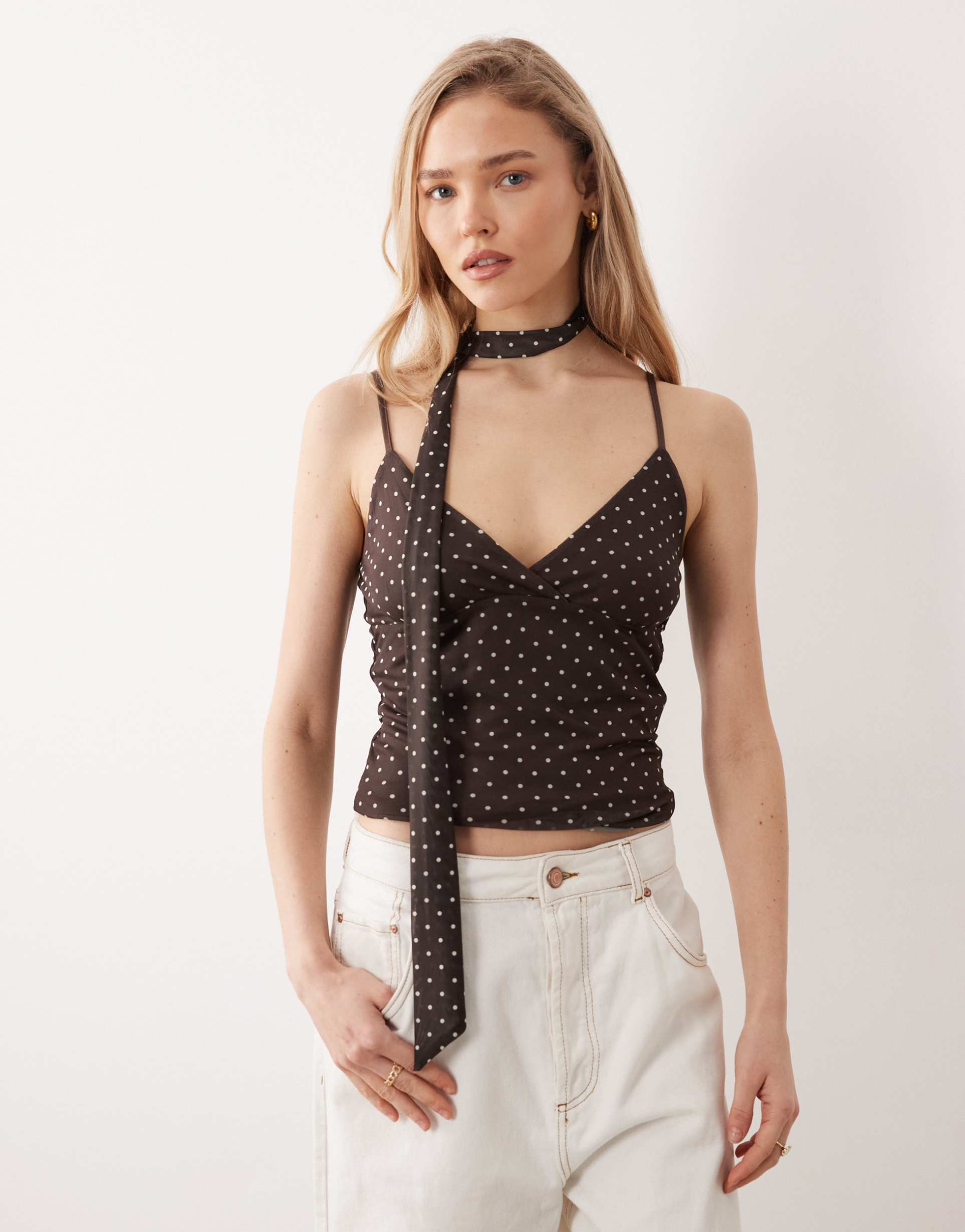 jjxx mesh polka dot cami top with scarf in brown