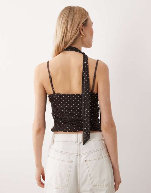 JJXX mesh polka dot cami top with scarf in brown, 4 of 4
