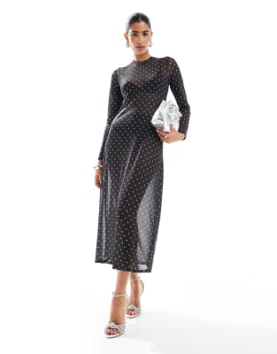 JJXX JJXX mesh polka dot long sleeve dress in black