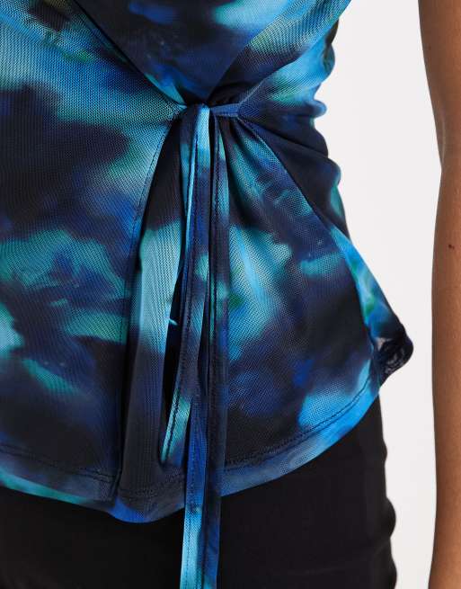 JJXX mesh wrap top with floral print in blue, 3 of 4