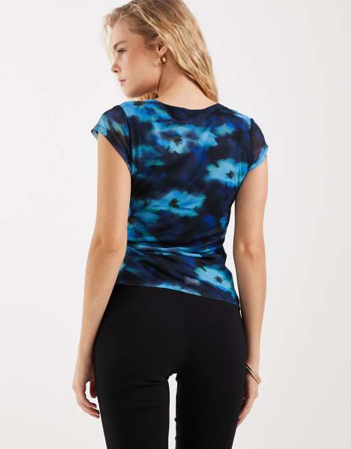 JJXX mesh wrap top with floral print in blue, 4 of 4