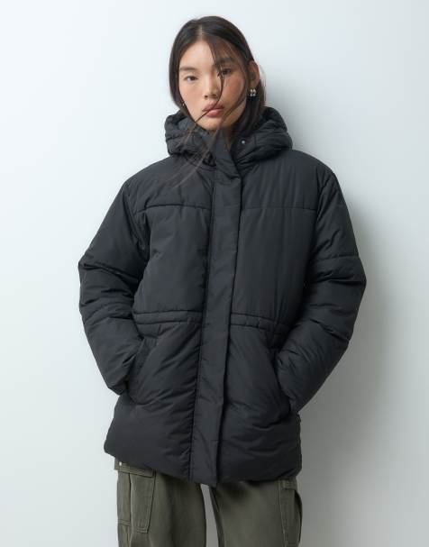 JJXX mid length puffer jacket with hood in black - view 1