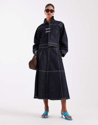 Jjxx Midi Contrast Stitch Denim Midaxi Skirt In Blue