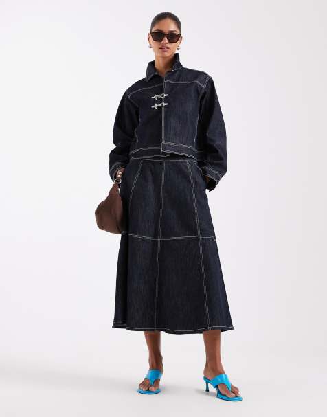 JJXX midi contrast stitch denim midaxi skirt in dark blue - view 1