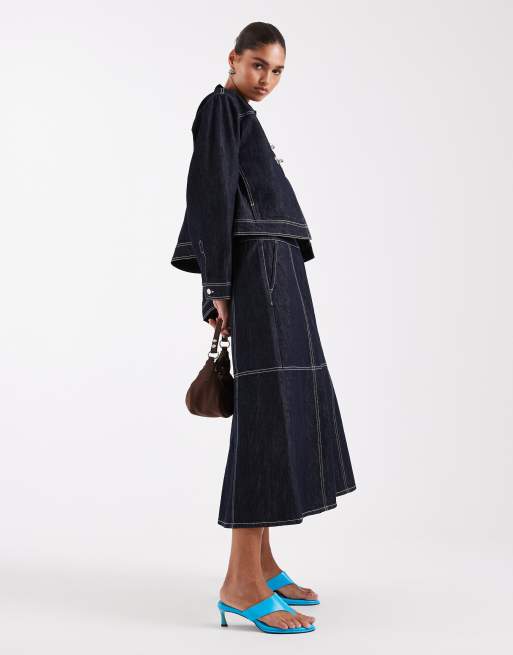 JJXX midi contrast stitch denim midaxi skirt in dark blue, 4 of 5