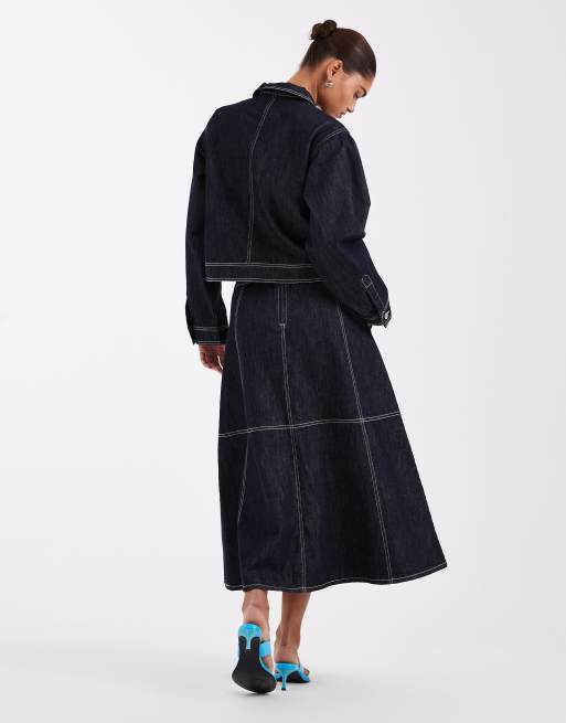 JJXX midi contrast stitch denim midaxi skirt in dark blue, 5 of 5