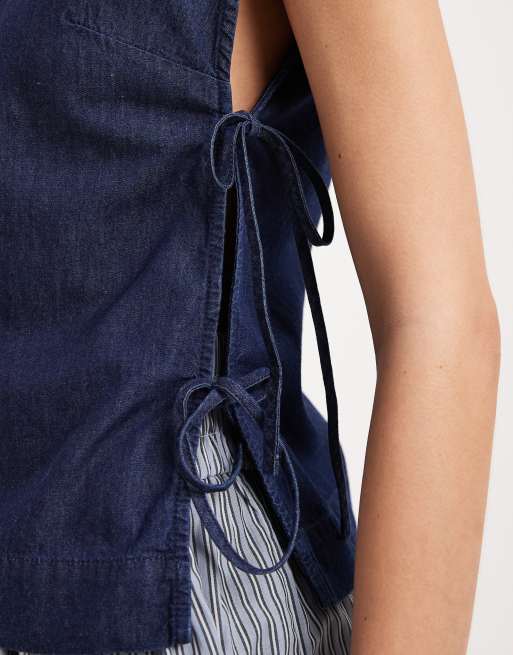 JJXX - Mørkeblå top med bindebåndsdetalje i denim, 3 af 4