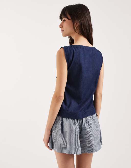 JJXX - Mørkeblå top med bindebåndsdetalje i denim, 4 af 4