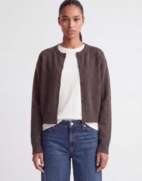 JJXX Natalie crew neck loose fit knitted drop shoulder cardigan in seal brown - view 1