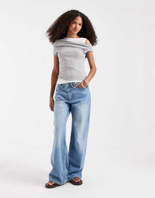 JJXX off-shoulder double-layer top in grey, 2 of 4