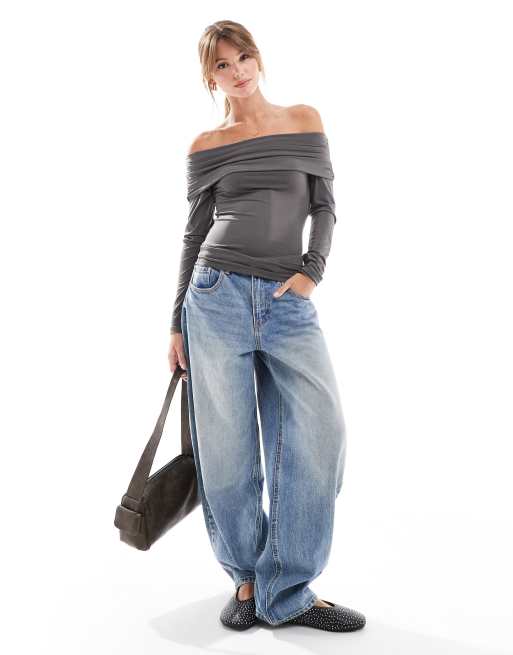 JJXX off shoulder slinky long sleeve top in gray, 2 of 4