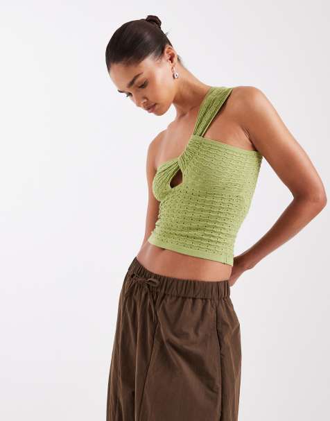 JJXX one-shoulder crochet style top in green - view 1