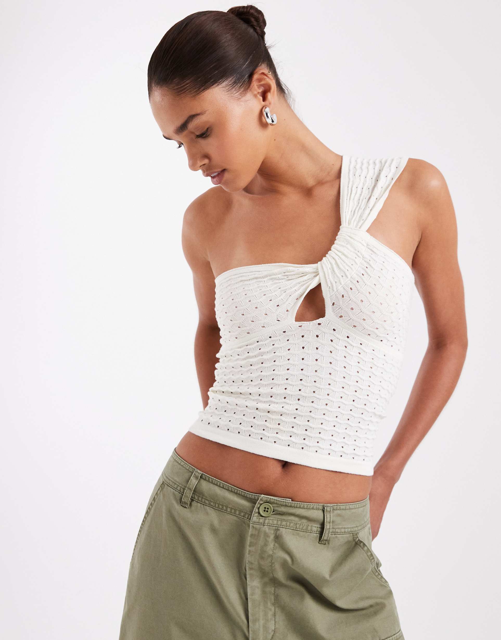 jjxx one shoulder crochet style top in white