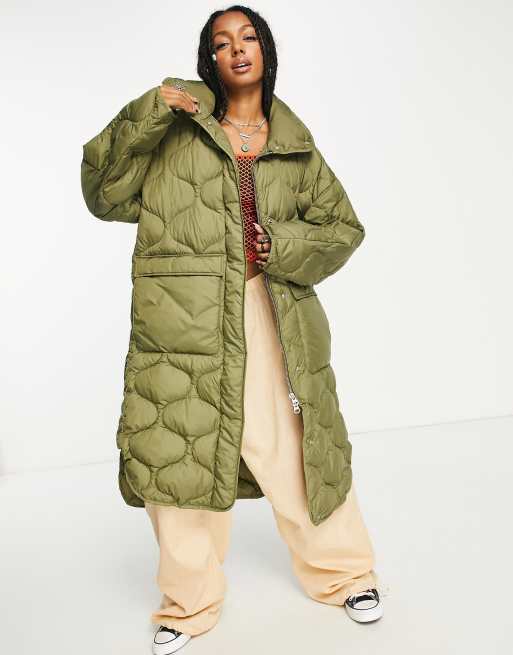 Miss selfridge longline outlet padded coat in khaki