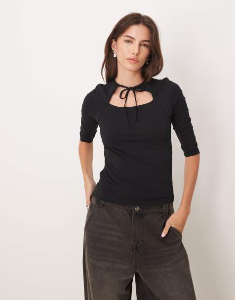 JJXX open front detail top with 3/4 sleeve in black 