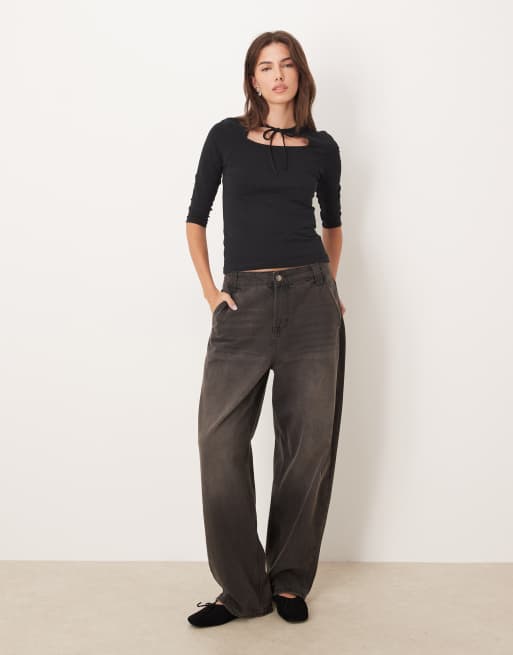 JJXX open front detail top with 3/4 sleeve in black | ASOS