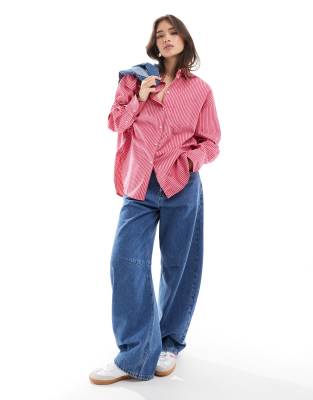 JJXX - Oversize-Hemdbluse aus Popeline in Rosa gestreift