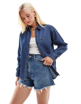 JJXX - Oversize-Jeanshemd in Mittelblau mit großer Brusttasche