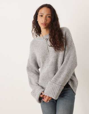 JJXX - Oversize-Pullover in Hellgrau mit Krempel-Ärmeln
