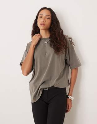 JJXX - Oversize-T-Shirt in Khakigrau mit Acid-Waschung-Grün