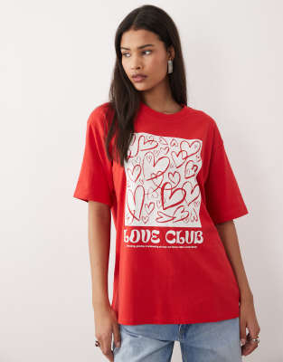 JJXX - Oversize-T-Shirt in Rot mit Herzprint