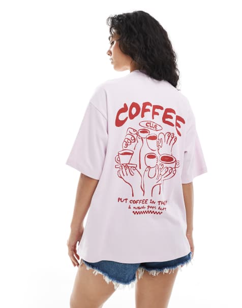 JJXX oversize t-shirt with coffee club print in pink - view 1