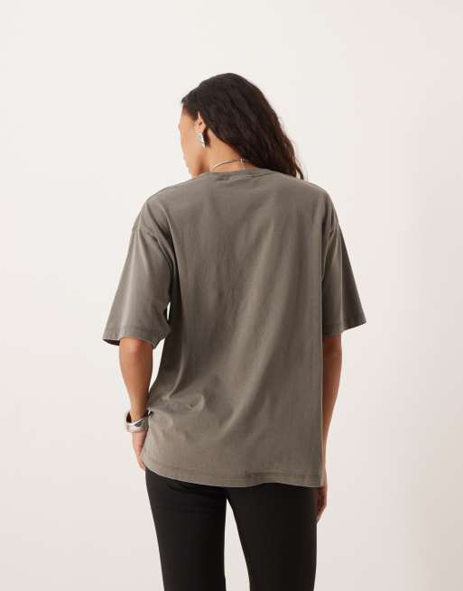 JJXX oversized acid wash T-shirt in khaki gray, 4 of 4