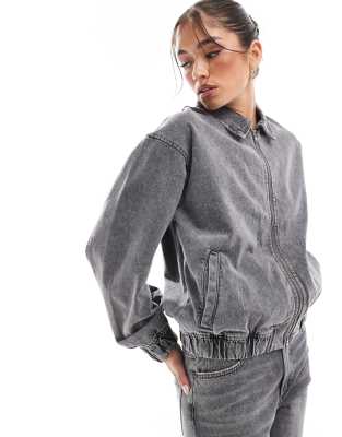 oversized collared bomber jacket in washed gray