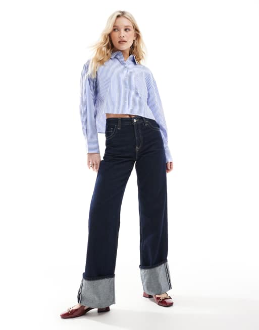 JJXX - Oversized cropped overhemd met strepen in marineblauw, 4 van 4