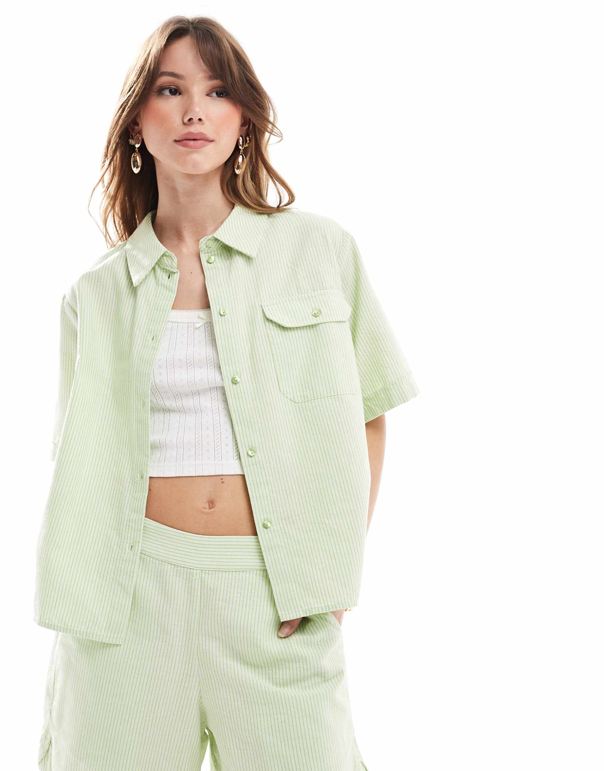 jjxx oversized cropped shirt in green stripe - part of a set