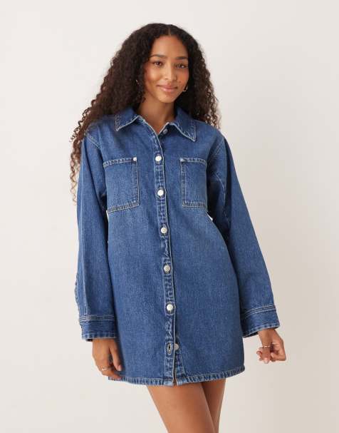 JJXX oversized long sleeve denim dress in mid blue wash - view 1