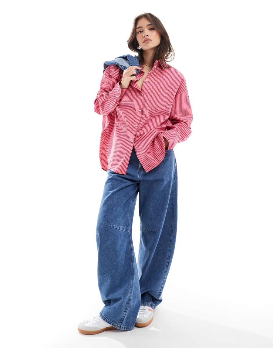 JJXX oversized poplin shirt in pink stripe