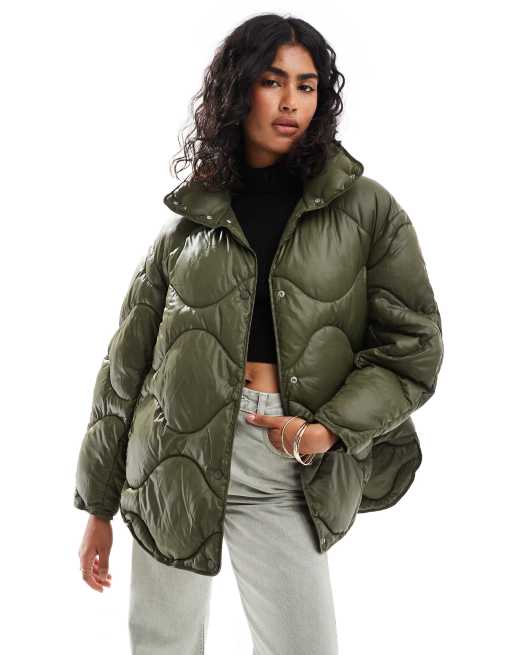 JJXX oversized quilted jacket with high neck in green | ASOS