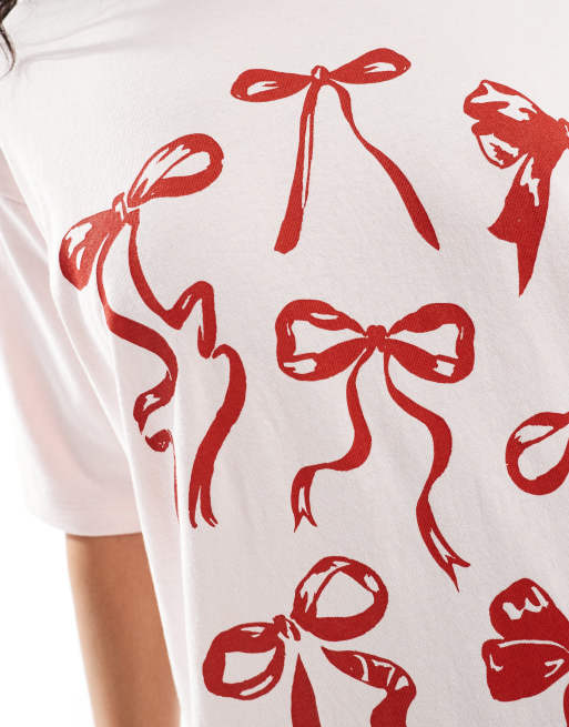 JJXX oversized red bow t-shirt in pink