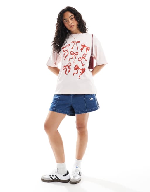 JJXX oversized red bow t-shirt in pink