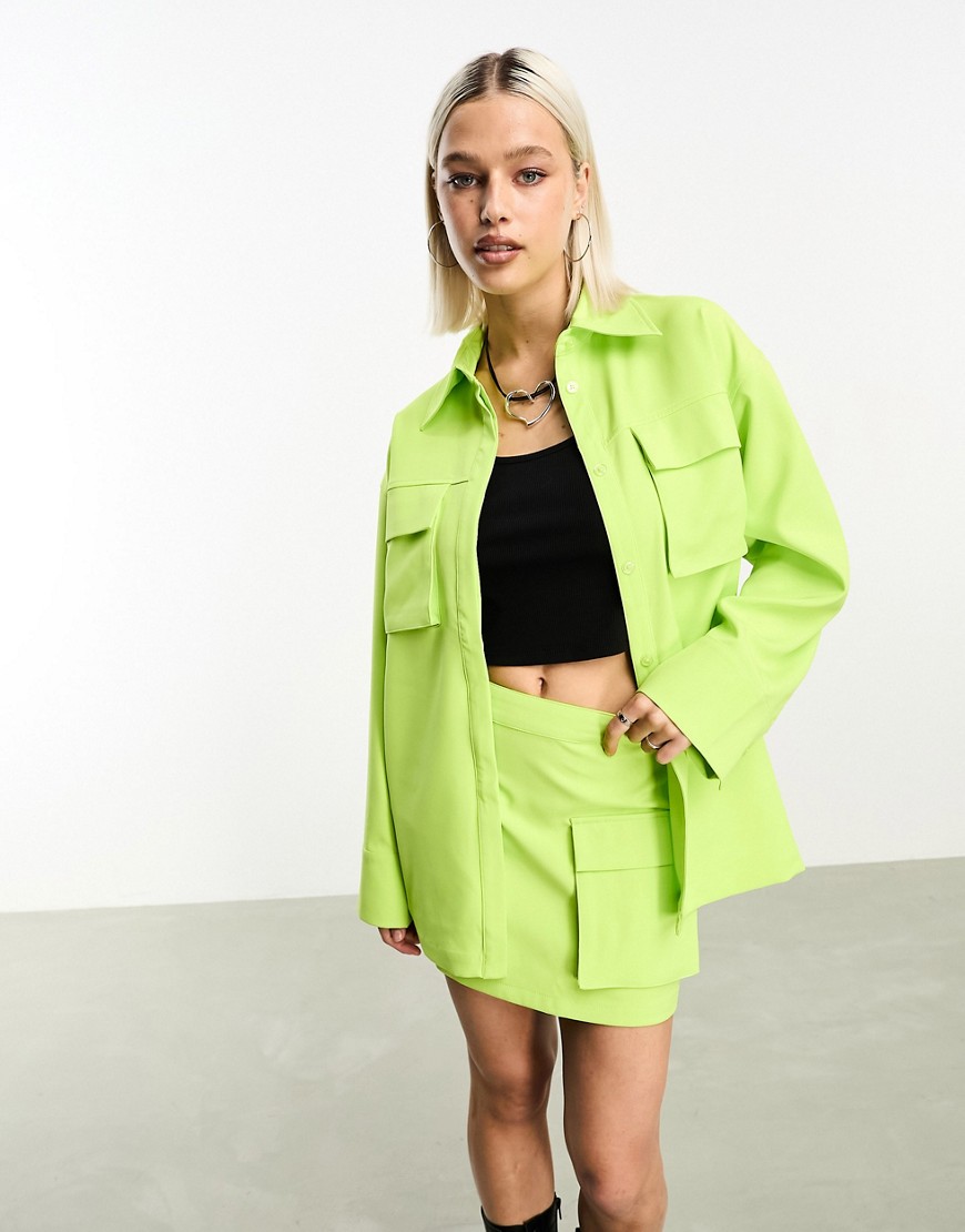 JJXX oversized shirt co-ord with front pockets in lime-Green