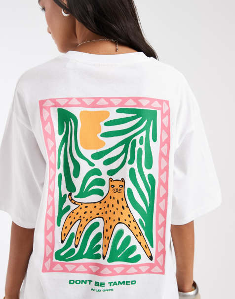 JJXX - Oversized T-shirt met print van wilde kat op de achterkant in wit - view 1