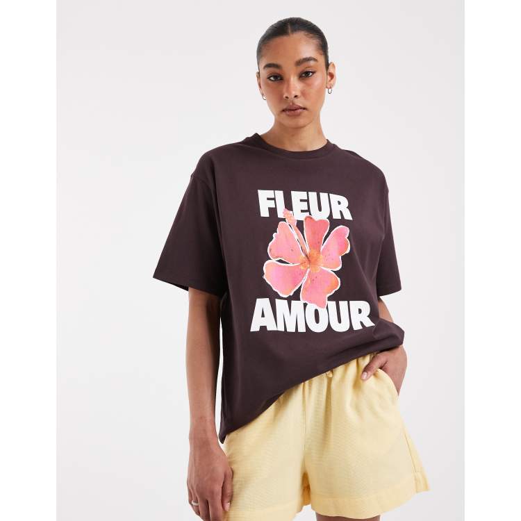 JJXX oversized t-shirt with fleur amore print in dark brown | ASOS
