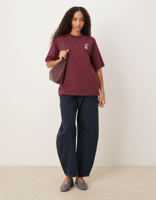 JJXX oversized T-shirt with floral back graphic in burgundy, 3 of 4