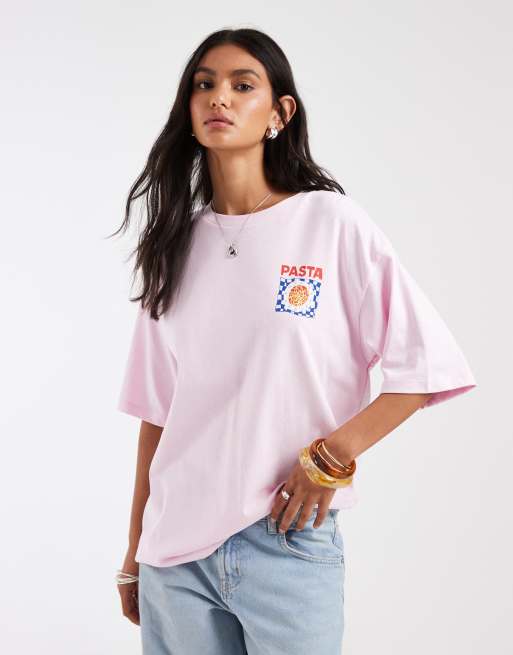 JJXX oversized t-shirt with pasta backprint in pink, 4 of 4