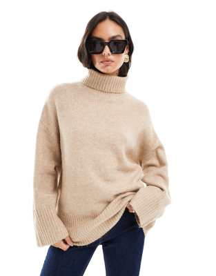 oversized turtleneck textured knit sweater in cream-White