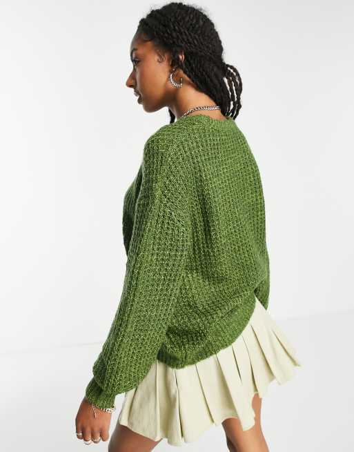 Green waffle deals knit sweater