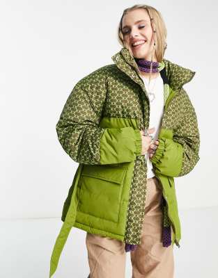 JJXX padded coat with waist tie in khaki geometric print - ASOS Price Checker