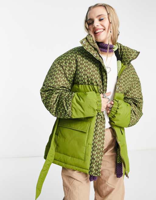 JJXX padded coat with waist tie in khaki geometric print