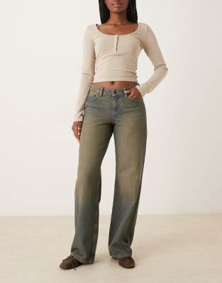 JJXX Palermo wide fit low rise jeans in dark vintage wash-Blue
